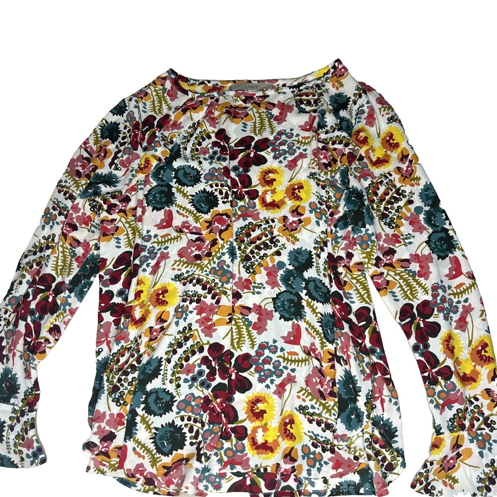 LOFT Blouse MED Multi-Color Bright Floral Long Sl Button Bell Ruffle‎ Boat Neck